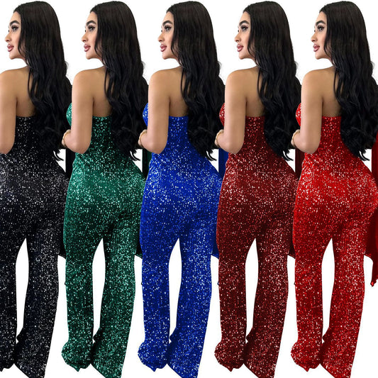 Sequin Glitter Asymmetrical Women's Solid Color Sleeveless One Shoulder Jumpsuit