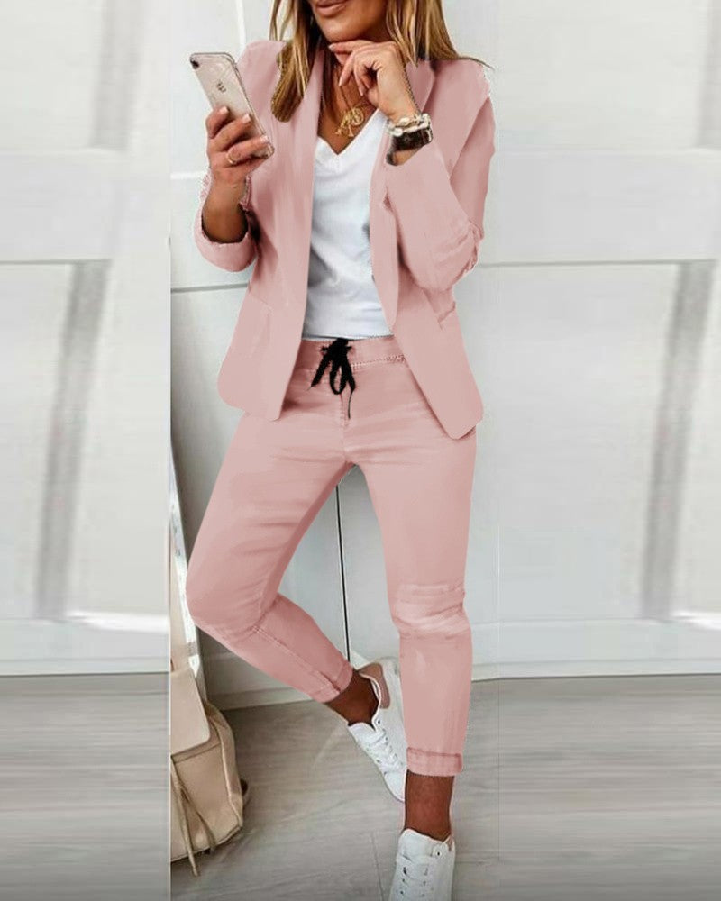 Single Breasted Solid Color Blazer Jacket + Drawstring Pants Women's 2-Piece Office Suit to 3X Plus Size