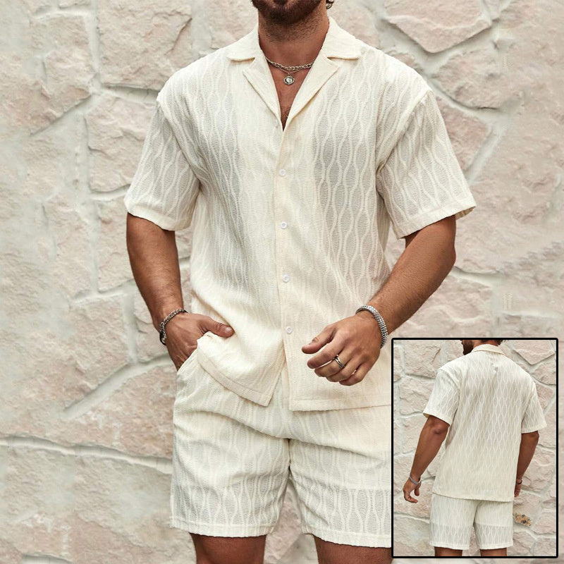 Men's Turn-Down Collar Short Sleeve Solid Color Shirt + Matching Shorts Two-Piece Set