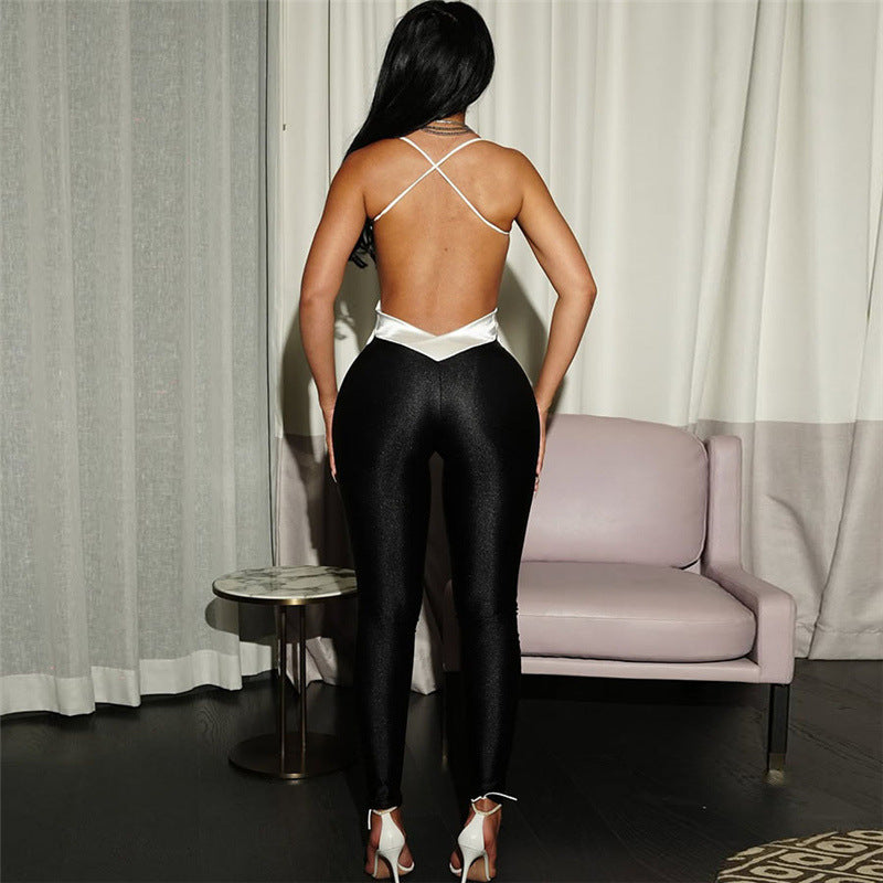 Sleeveless Backless Criss-Cross Colorblock High Waist Skin Tight Jumpsuit