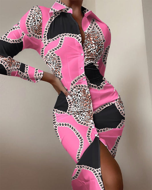 Floral/Striped/Baroque/ Geometric/Colorblock Button-Up Long Sleeve Turn-Down Collar Shirt Dress