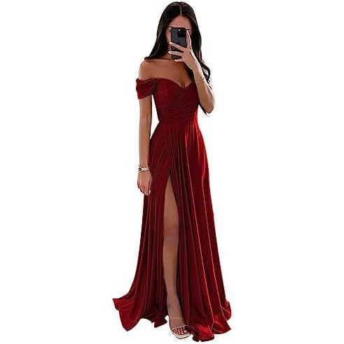 Off-the-Shoulder Corset Design Cinched Waist Solid Color Temperament Bridesmaid/Party Formal Maxi Dress