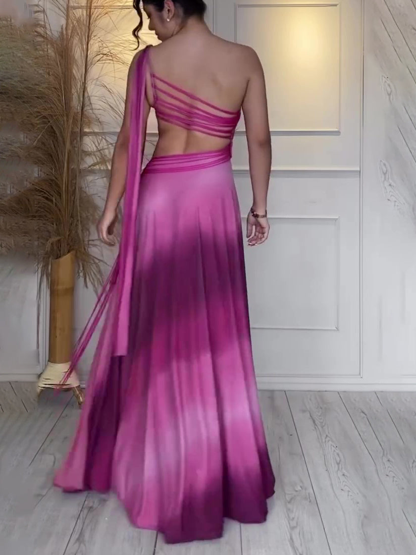 Purple Gradient Colorblock Hollow-Out Asymmetrical One Shoulder Formal Maxi Dress