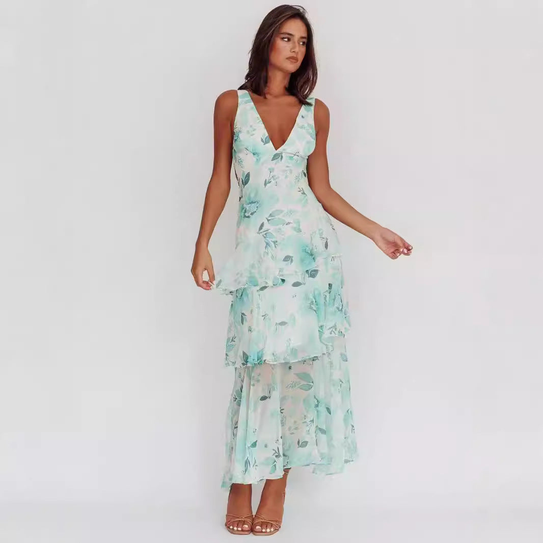Floral Print Temperament Tiered Sleeveless Fairy Maxi Dress