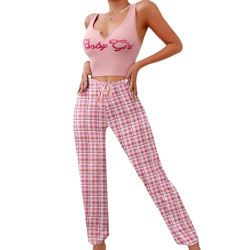 "Baby Girl" Print V-Neck Women's Tank Top + Plaid Drawstring Pants 2-Piece Set