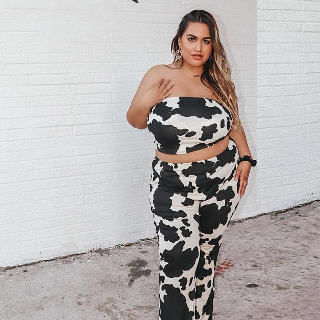 Black/Off-White Cowhide Pattern Sleeveless Tube Top + Flared Leggings 2-Piece Set to 5X Plus Size