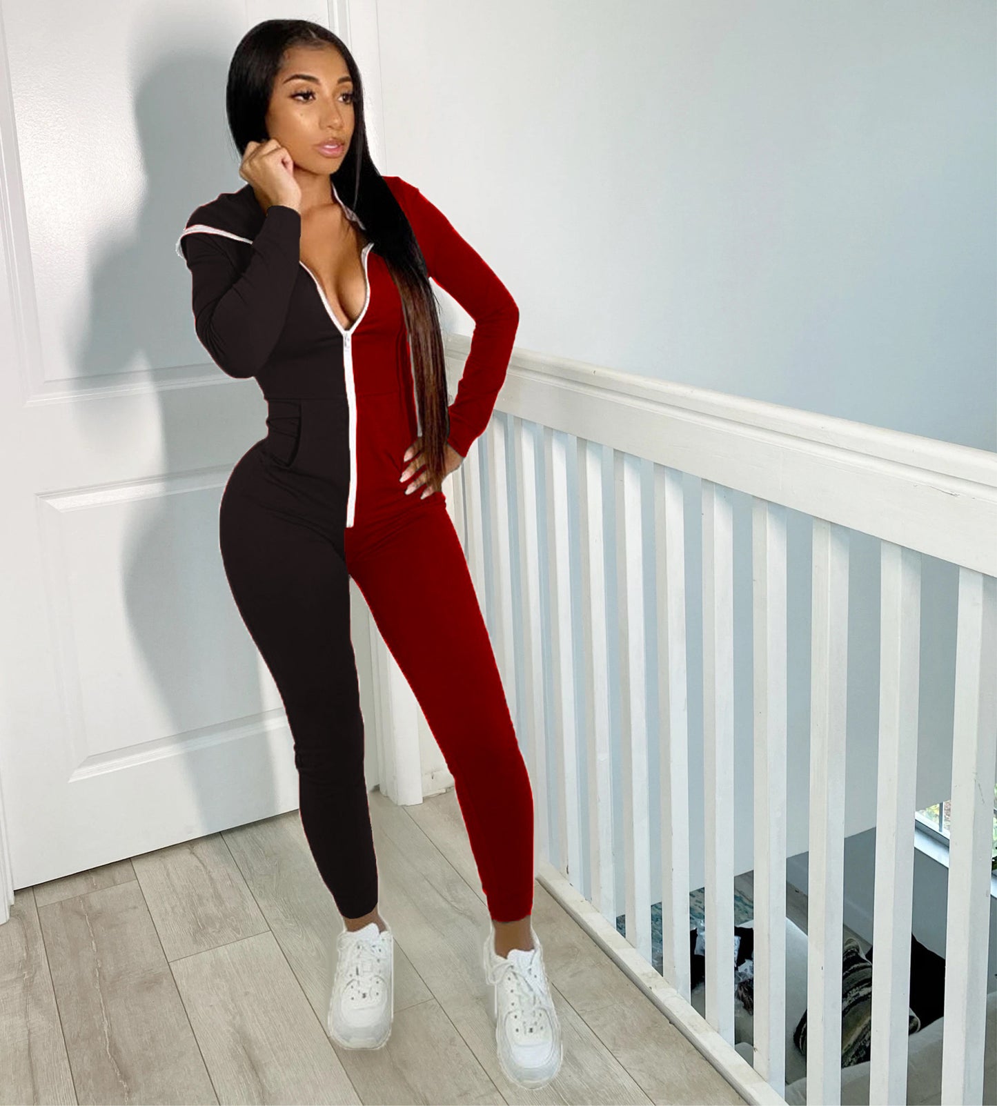 Colorblock 2-Tone Women's Fitness Long Sleeve Zipper Hoodie Jumpsuit