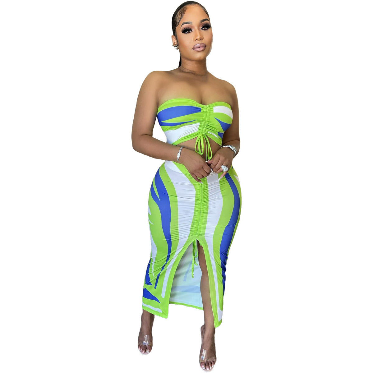 Striped Colorblock Print Sleeveless Tube Bra + High Slit Maxi Skirt 2-Piece Set