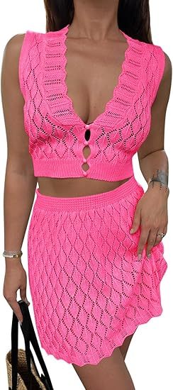 Crochet Swimsuit Cover-Up Sleeveless V-Neck Crop Top + Mini Skirt Women's 2-Piece Set