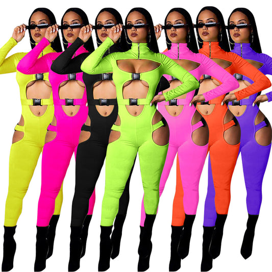 Sexy Hollow-Out Long Sleeve Solid Color Women's Skin Tight Jumpsuit