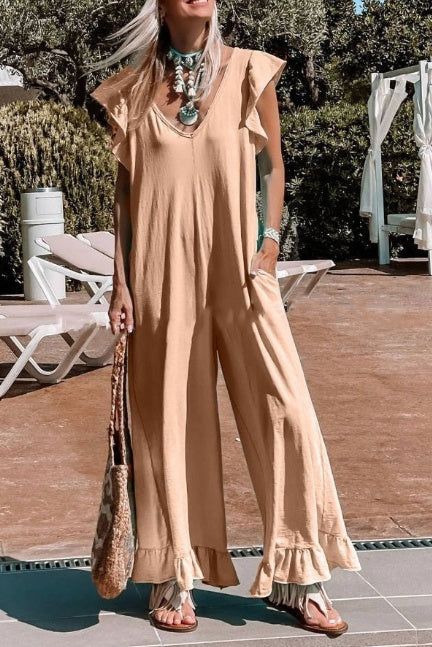 Ruffled Loose Lotus Leaf Casual Sleeveless Pocketed Women's Jumpsuit