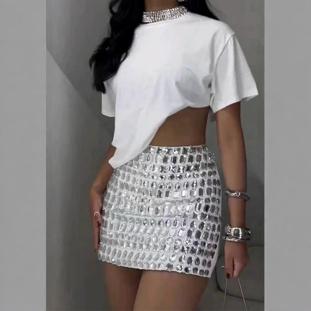 Rhinestone Diagonal Irregular Short Sleeve Mock Neck Top + Embellished Mini Skirt Women's 2-Piece Set to 3X Plus Size
