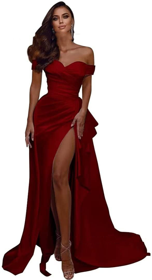 Oversized Ruched Ruffled Off-the-Shoulder High Slit Floor-Length Evening Gown Maxi Formal Party Dress to 20W Plus Size