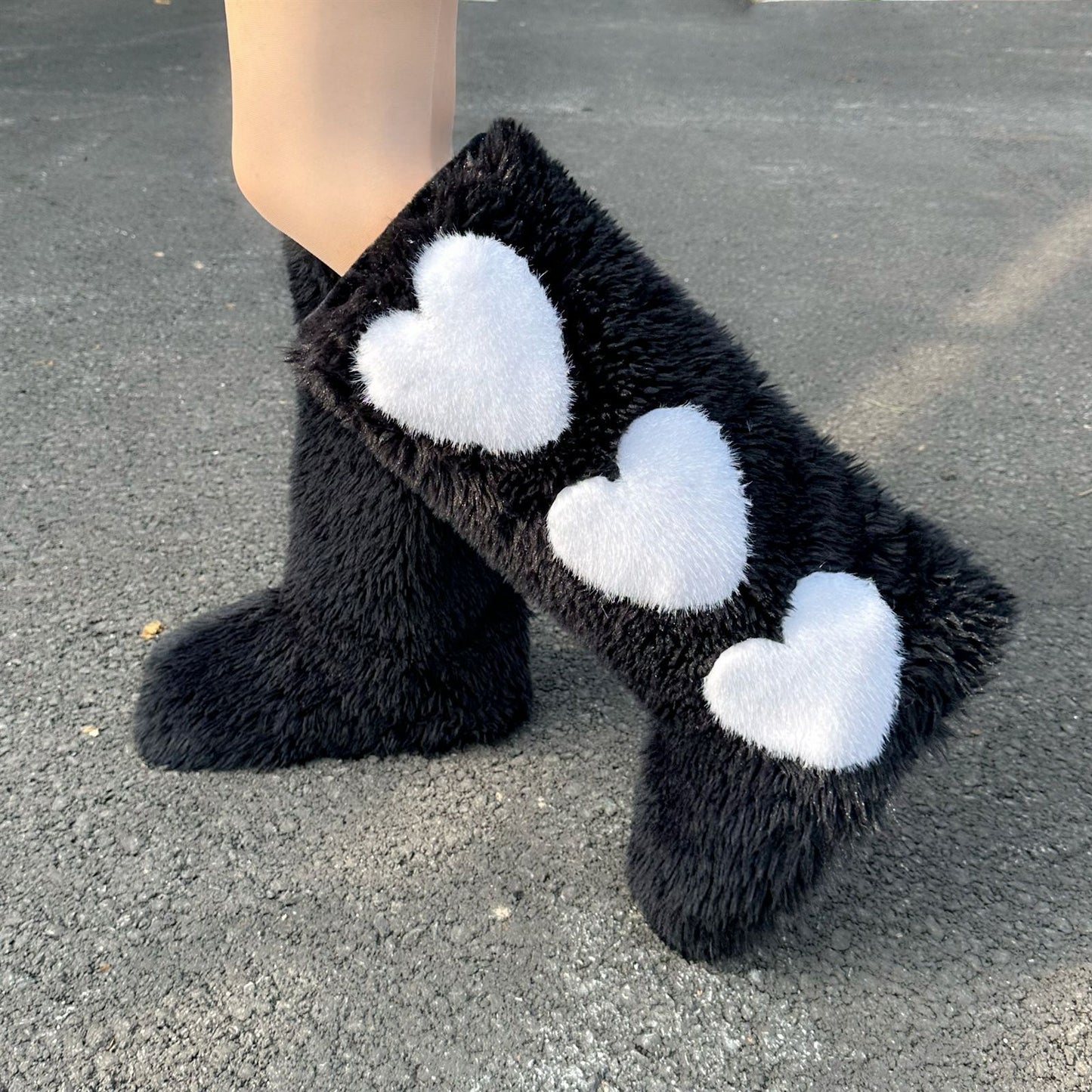 Faux Fur Heart Embroidered Fleece Lined Flat Waterproof Women's Snow Boots