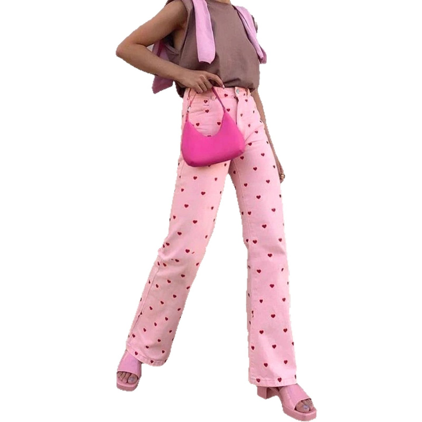 Denim Pink Women's Wide Leg Red Heart Print Jeans to 4X Plus Size