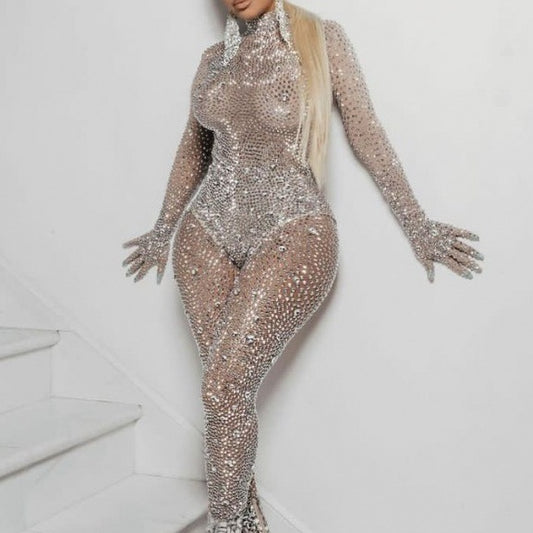 Metallic Silver Rhinestone Women's Stretch Skin Tight Stage Performance Jumpsuit