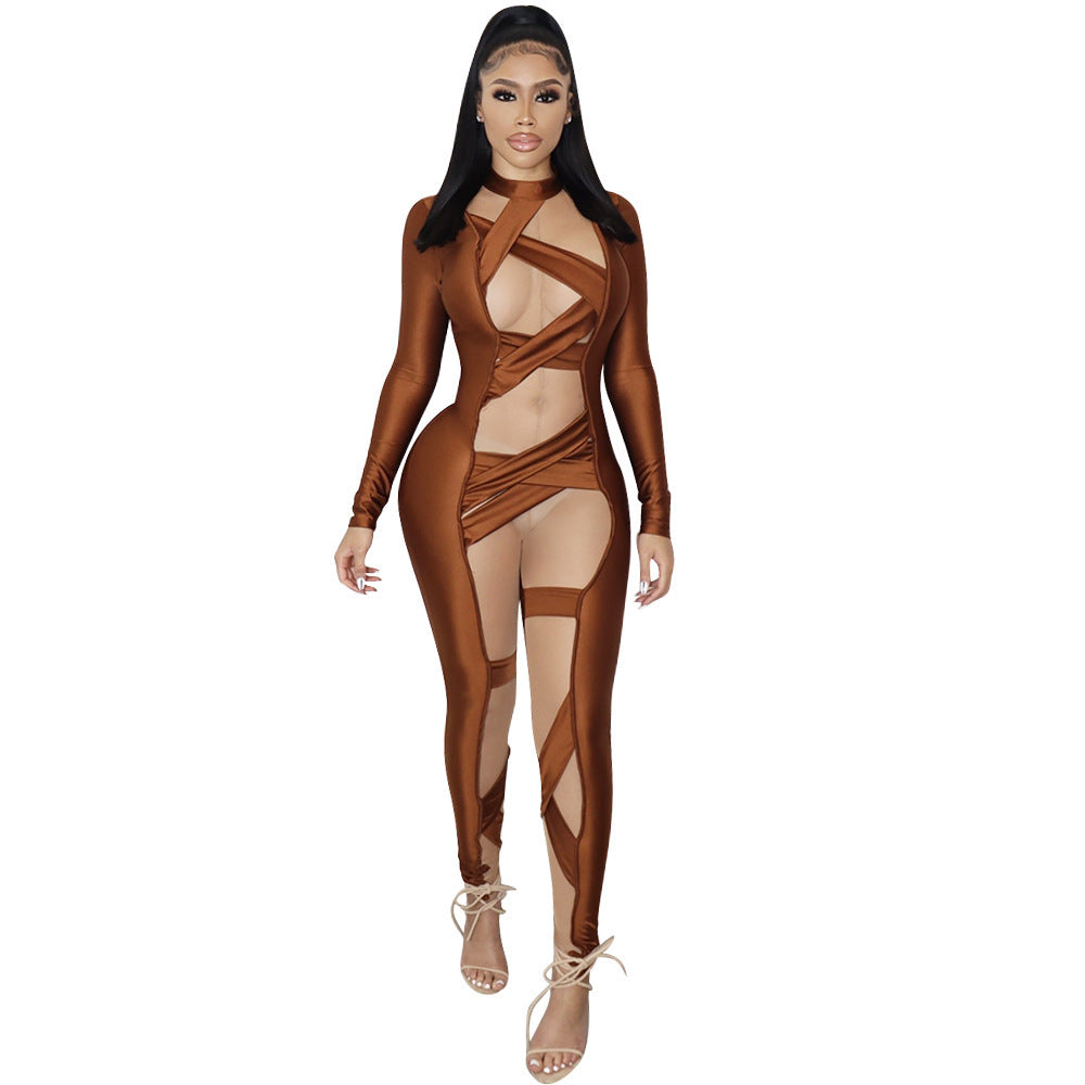 Criss-Cross Stitch Hollow-Out Women's Long Sleeve Skin Tight Jumpsuit