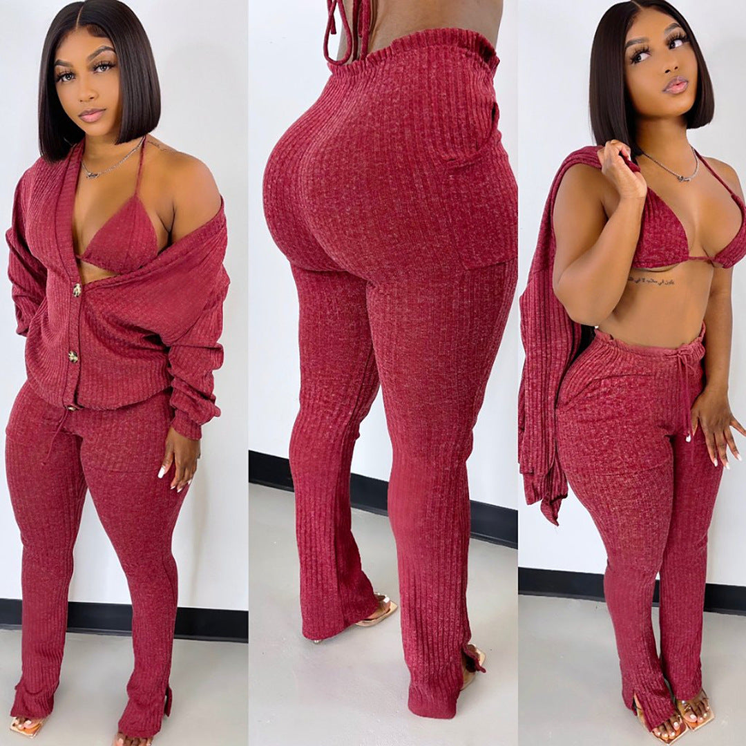Ribbed Button-Up Women's Cardigan Pocketed Sweater + Matching Bra + Leggings 3-Piece Set