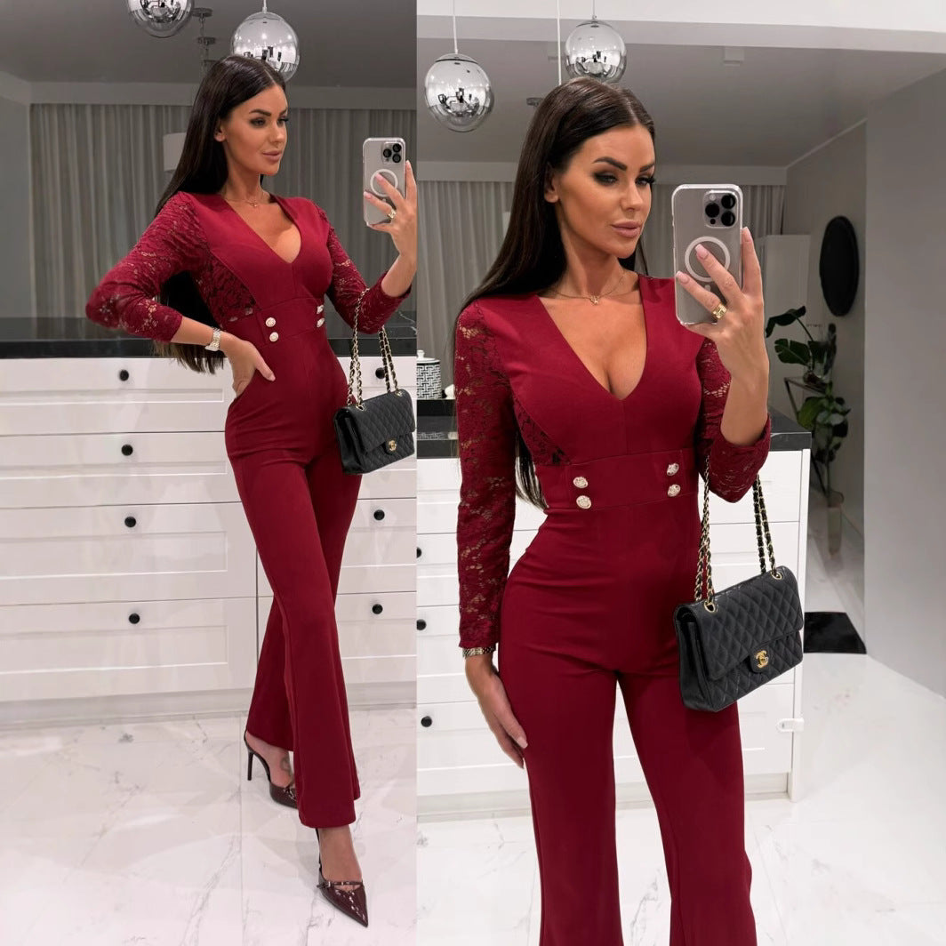 Double Button Design Long Sleeve Women's V-Neck Business Blazer Jumpsuit