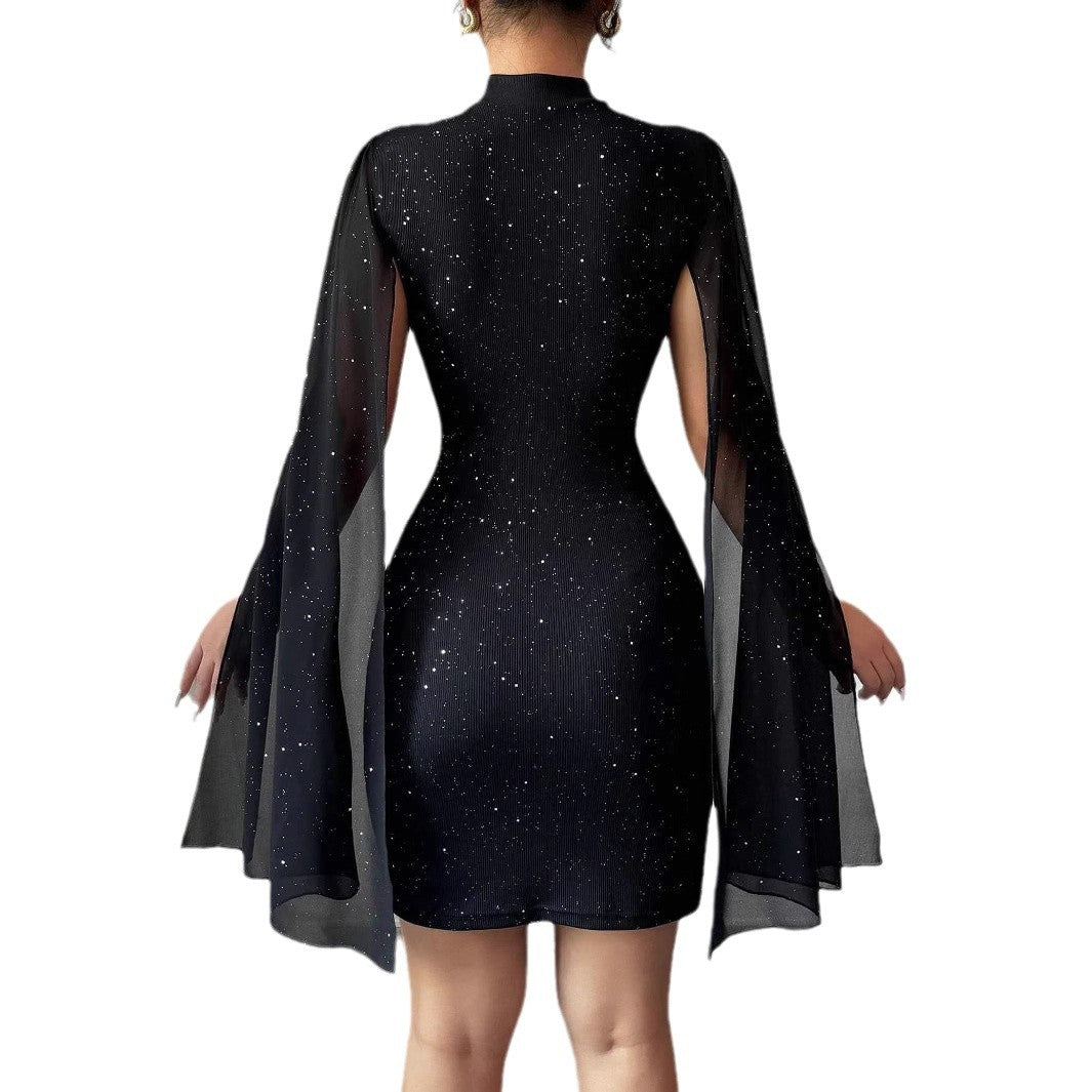 Chiffon Sparkling Glitter Round Neck Cape Sleeve Wrapped Hip Formal Mini Party Dress