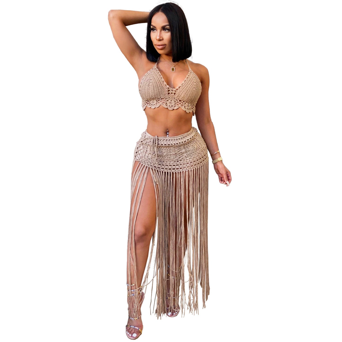 Crochet Bikini Top + Hanging Tassel Maxi Skirt 2-Piece Swimsuit Cover-Up Set
