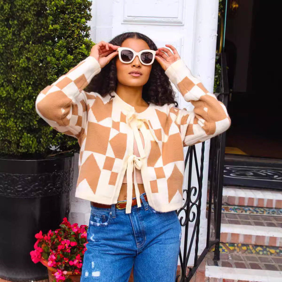 Geometric Pattern Lace-Up Cardigan Long Sleeve Women's Sweater