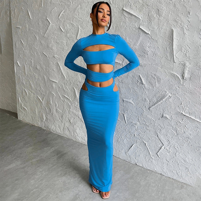 Neon Blue Hollow-Out Long Sleeve Women's Crop Top + Skinny Maxi Skirt 2-Piece Set