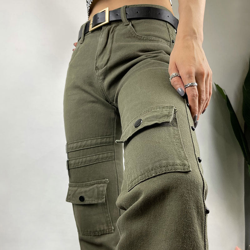 Olive Green Women's Buckle Strap Button Multi-Pocketed Design Skinny Straight Cargo Jeans