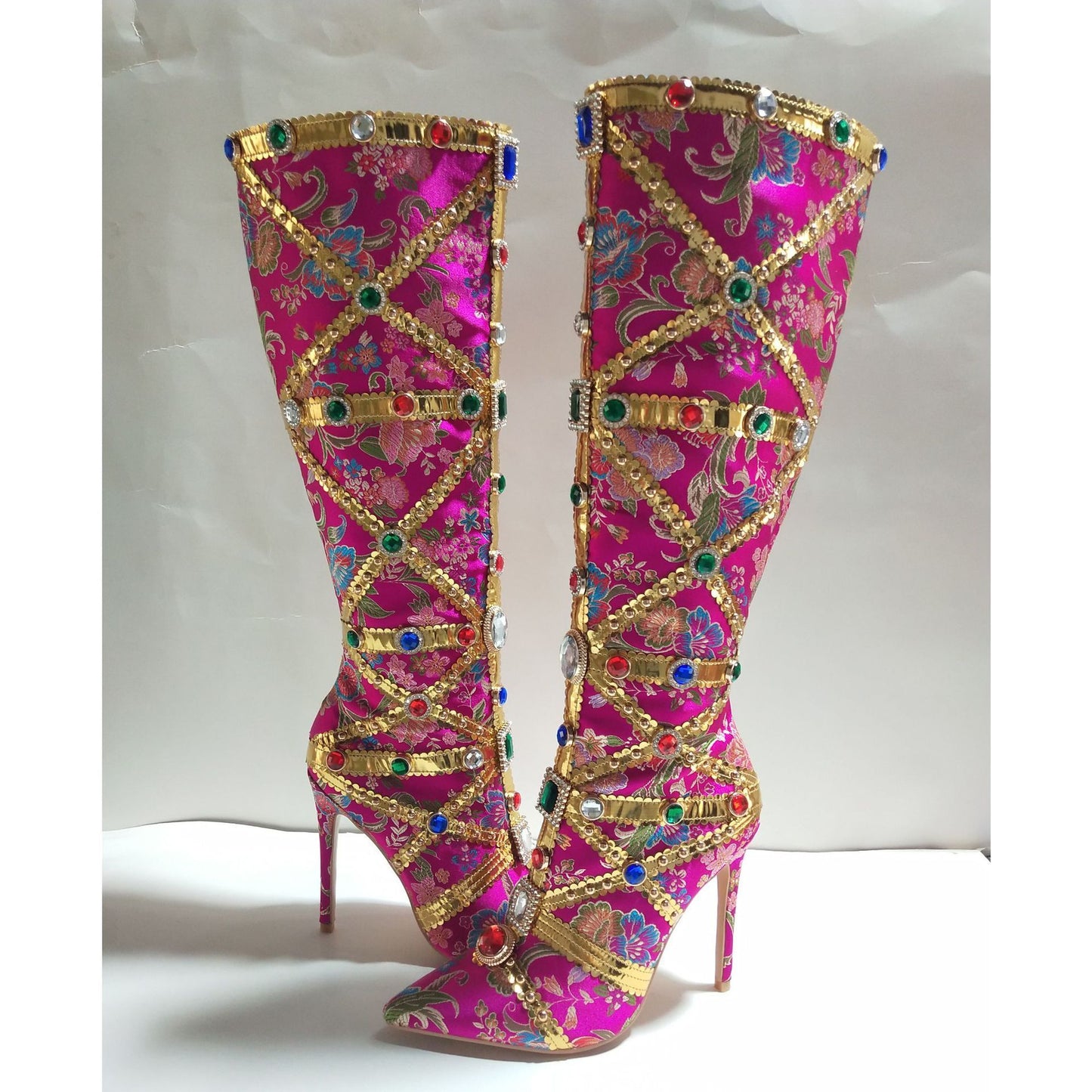 Rhinestone Metallic Floral Black-Gold/Hot Pink Stiletto Heel Knee-High Women's Gladiator Boots