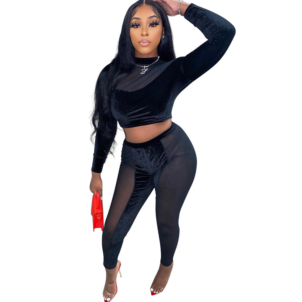 Sheer Transparent Patchwork Long Sleeve Crop Top + Colorblock Skinny Leggings Women's 2-Piece Set