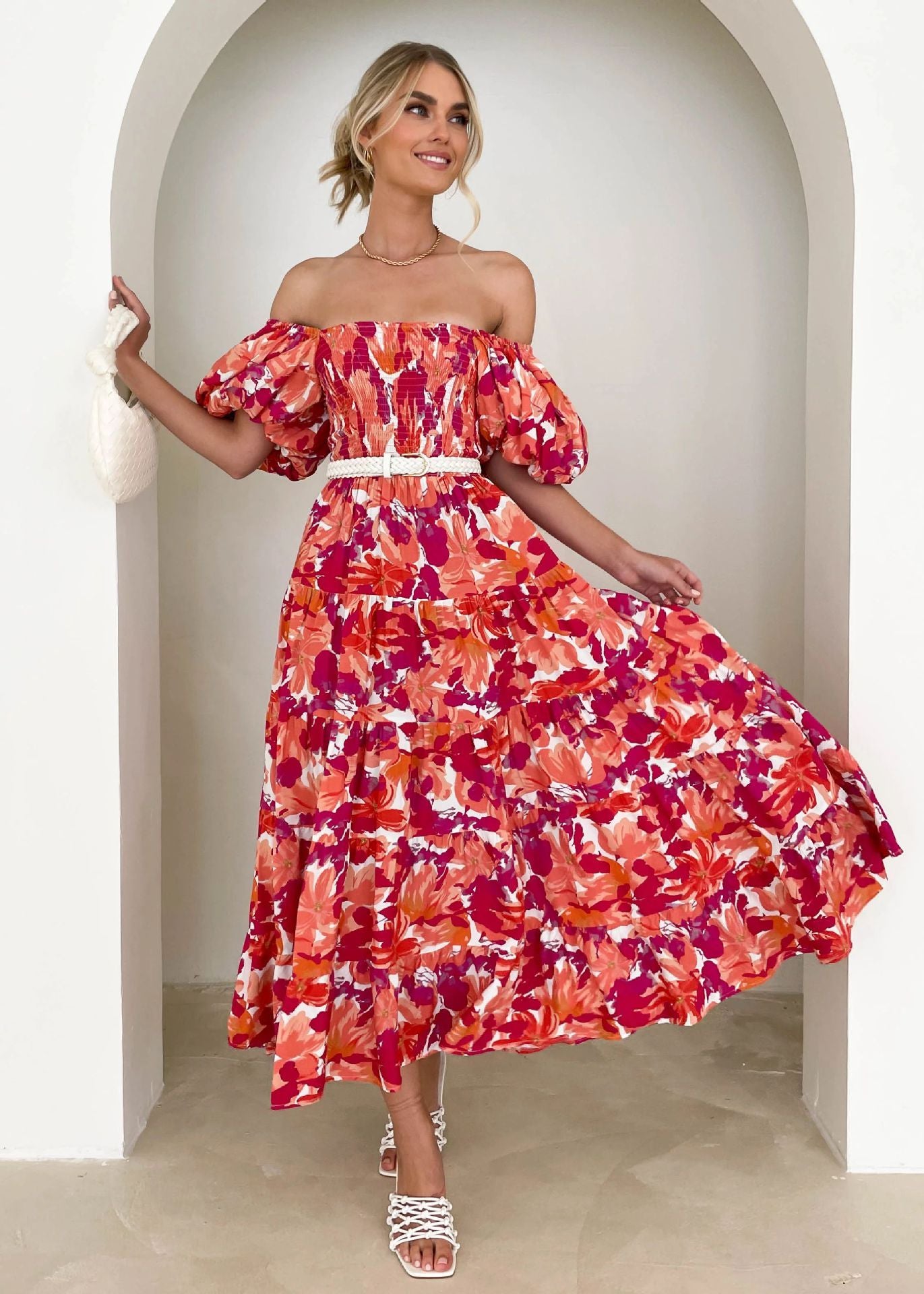 Flower Print Tiered Short Bubble Sleeve High Waist Off-the-Shoulder Bohemian Maxi Dress