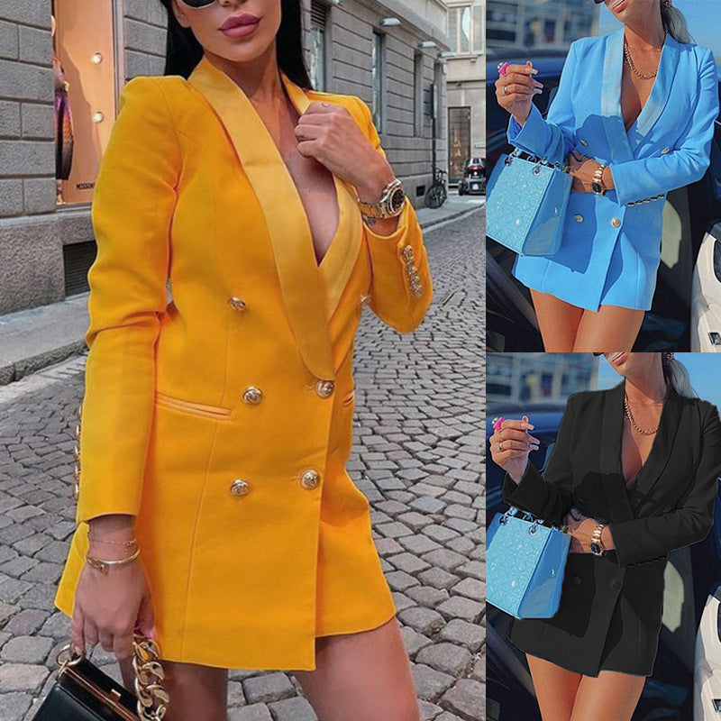 Double Breasted Button Detail Women's Long Sleeve Mini Blazer Dress