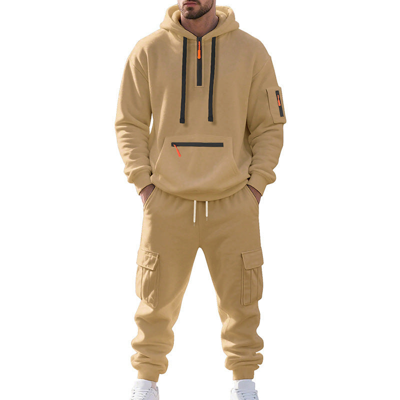 Men's Fleece Lined Zipper Pocket Drawstring Hoodie Sweatshirt + Multi-Pocket Cargo Sweatpants 2-Piece Tracksuit