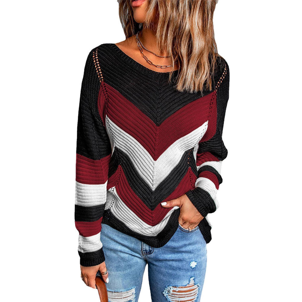 Diagnol Striped Colorblock Pattern Women's Knitted Long Sleeve Sweater to 3X Plus Size