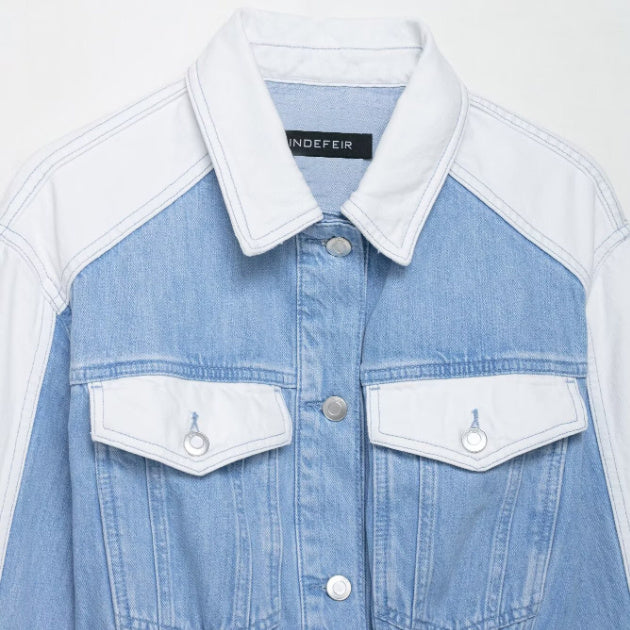 Denim Blue/White Women's Patchwork Double Pocket Design Cropped Jean Jacket + Colorblock Mid-Waist Straight Jeans 2-Piece Set-SOLD AS SEPARATES