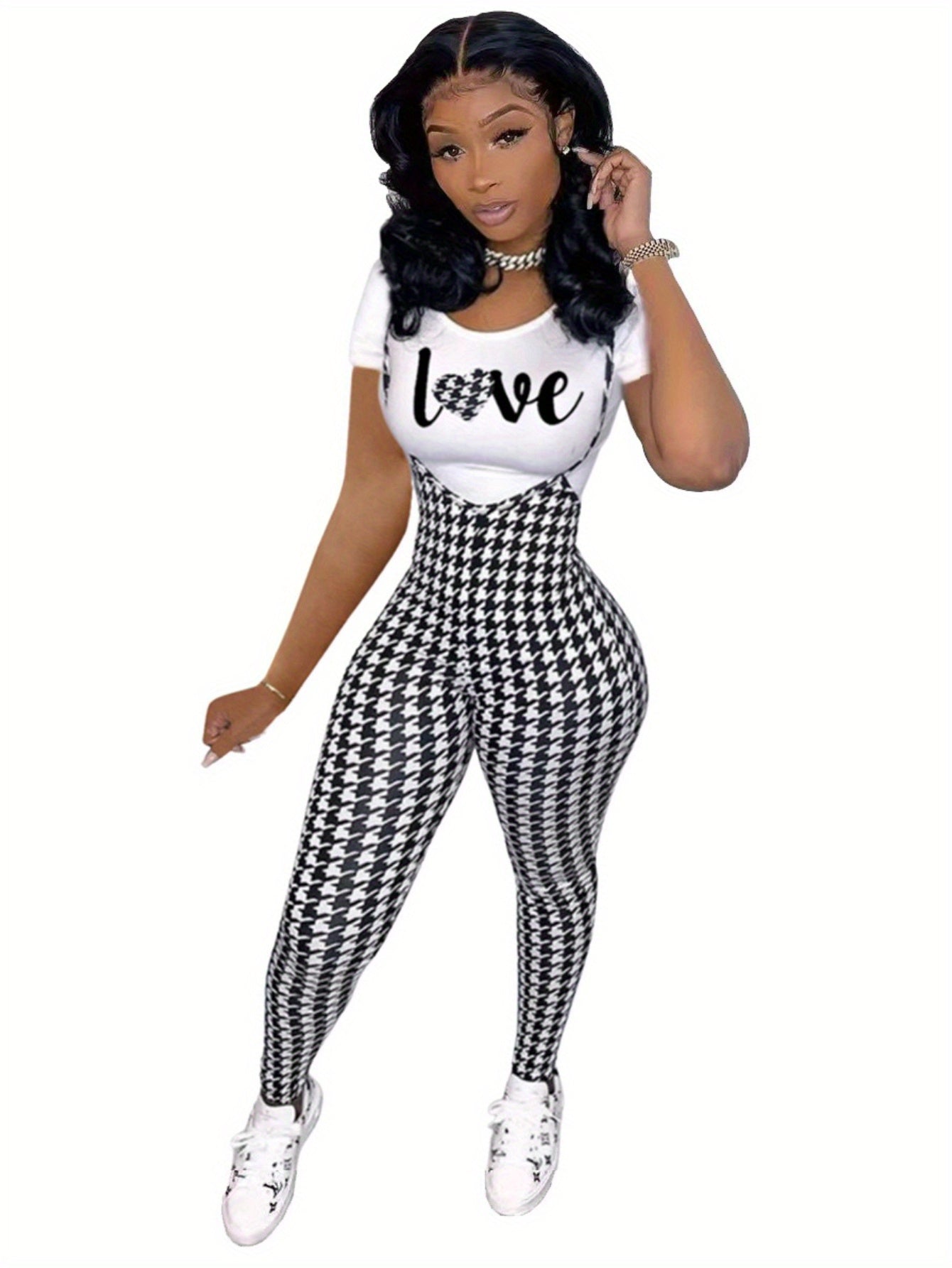 Sleeveless Houndstooth Plaid Print Cami Overalls Jumpsuit w/Love Heart Print T-Shirt Women's 2-Piece Set