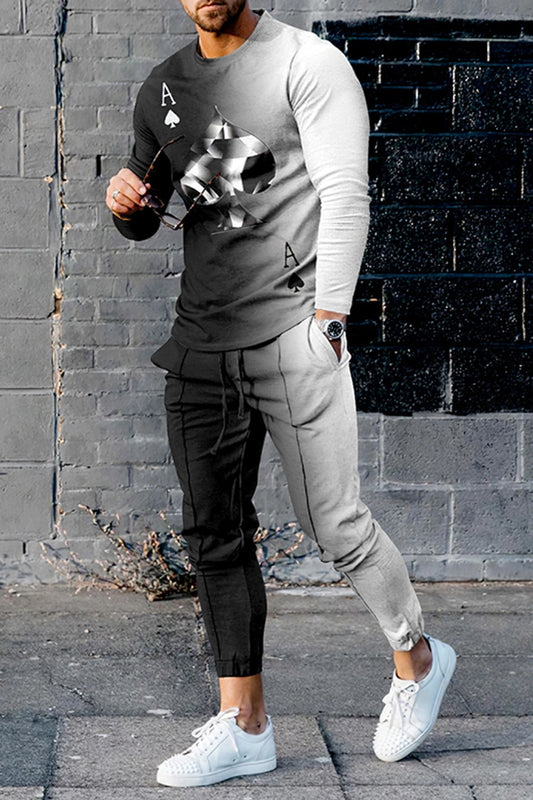 Colorblock Striped/Playing Cards/Abstract Multi-Colored Long Sleeve + Skinny Pocketed Jogger Sweatpants Tracksuit