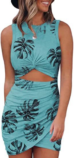 Ruched Tie-Dye/Leopard/Flower/Gradient Colorblock/Tropical Round Neck Hollow-Out Pullover Sleeveless Dress