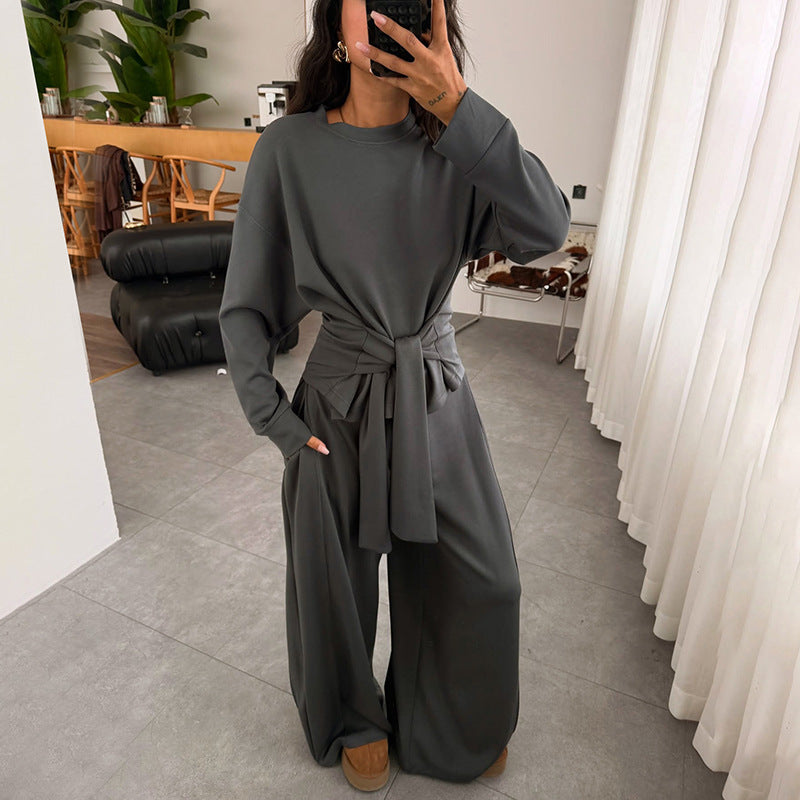 Lace-Up Sash Belted Solid Color Long Sleeve Women's Wide Leg Jumpsuit
