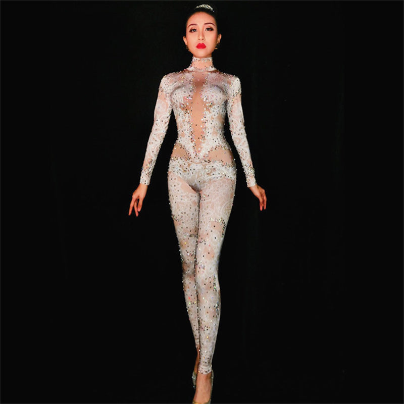 Crystal Metallic Floral Rhinestone Mesh Hollow-Out Print Long Sleeve Women's Dance Performance Jumpsuit