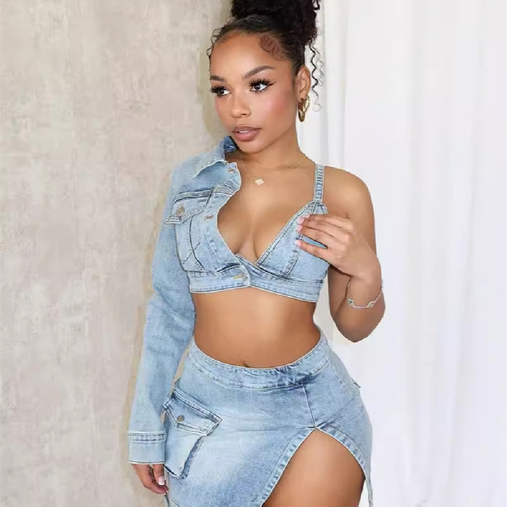 Irregular Light Blue Washed Denim One Sleeve Stretch Hollow-Out Cami Crop Top + Cargo Pocketed Side Slit Women's 2-Piece Set