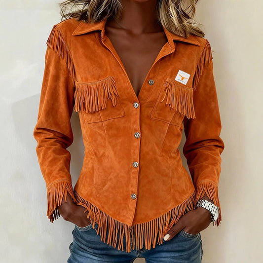 Orange Western Suede Velvet Tassel Fringe Design Long Sleeve Women's Rodeo Shirt