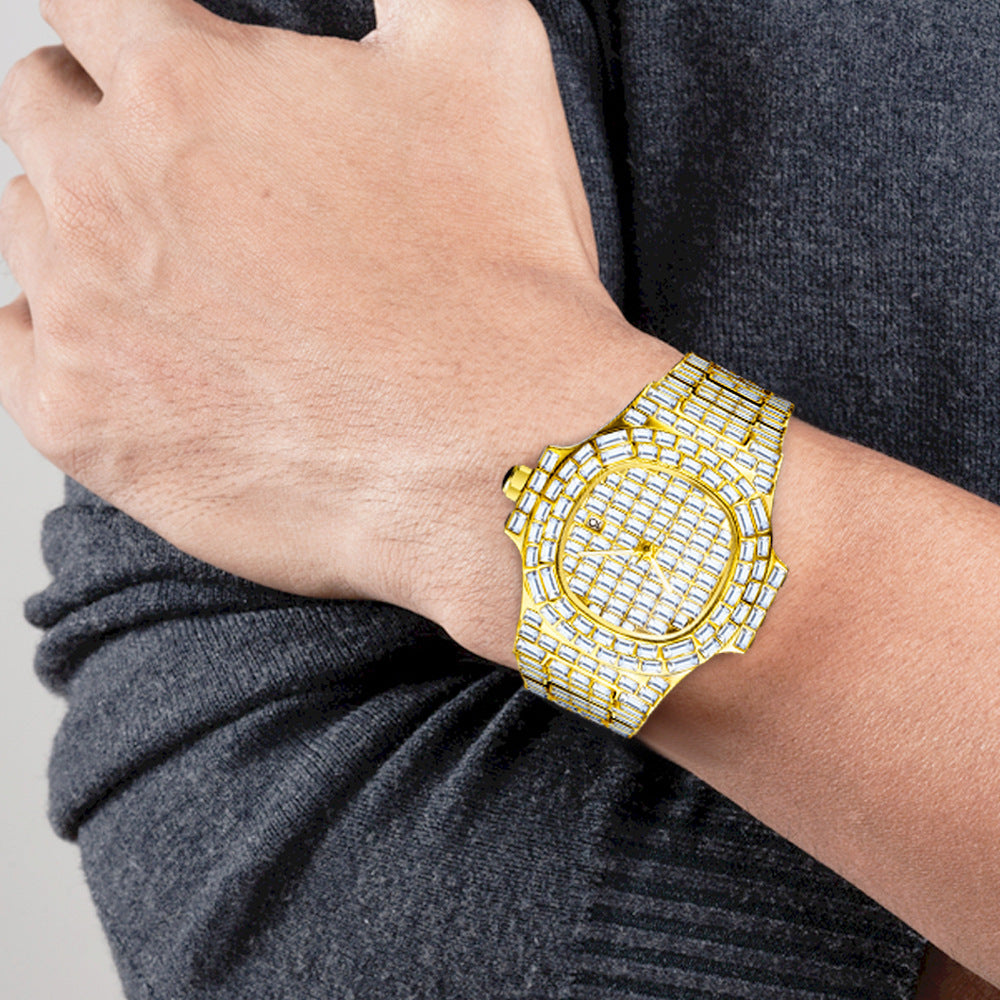 Men's Sparkling Iced Out Square Hot Drill Diamond Gold/Silver High Grade Waterproof Calendar Watch