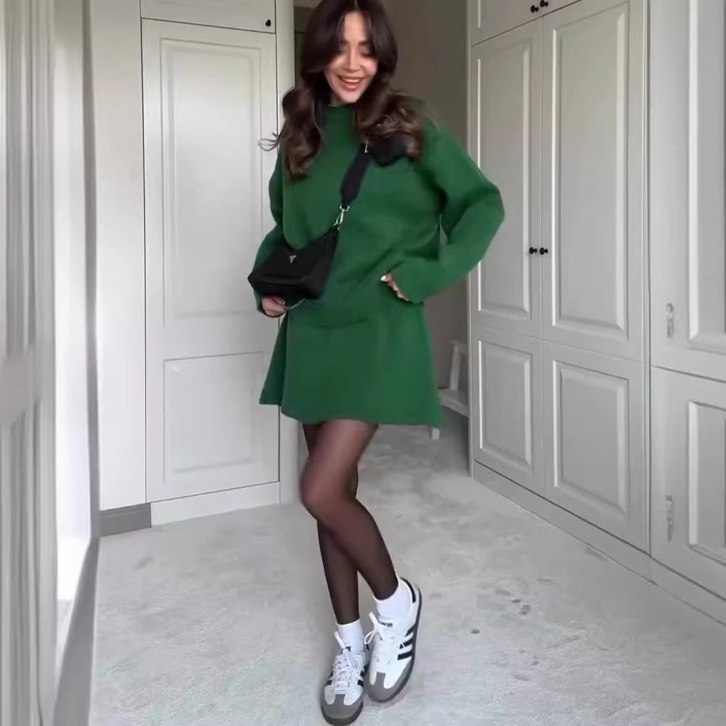 Knitted Long Sleeve Pullover Solid Color Sweater + High Waist Mini Skirt Women's 2-Piece Set to 3X Plus Size