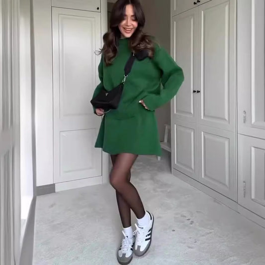 Knitted Long Sleeve Pullover Solid Color Sweater + High Waist Mini Skirt Women's 2-Piece Set to 3X Plus Size