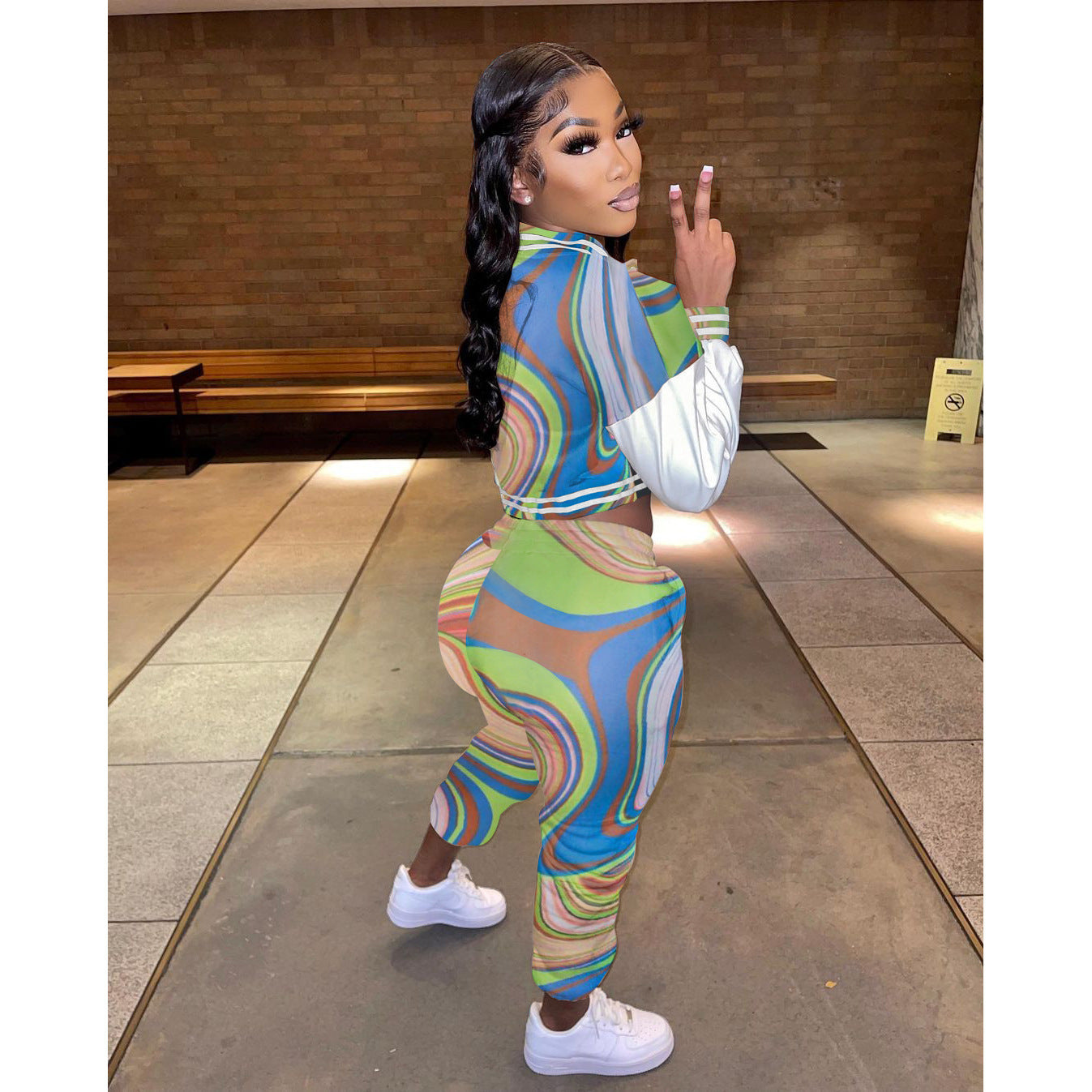 Geometric Colorblock Print Women's Cropped Baseball Bomber Jacket + Drawstring Bodycon Sweatpants 2-Piece Set