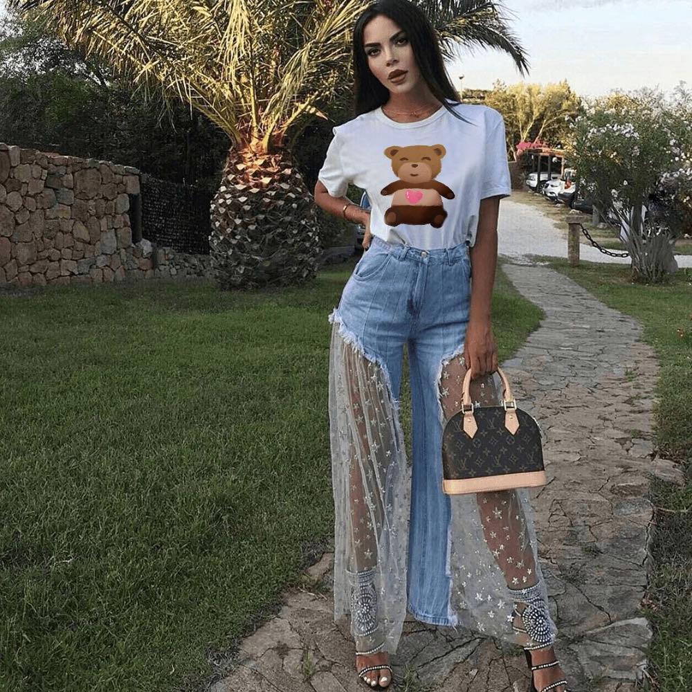 Denim Lace Tulle Hollow-Out Sheer Transparent Patchwork Design Women's Jeans