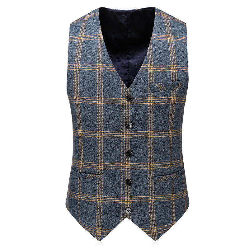Men's Plaid Blue/Yellow Business Wedding Formal 3-Piece Suit w/ Vest