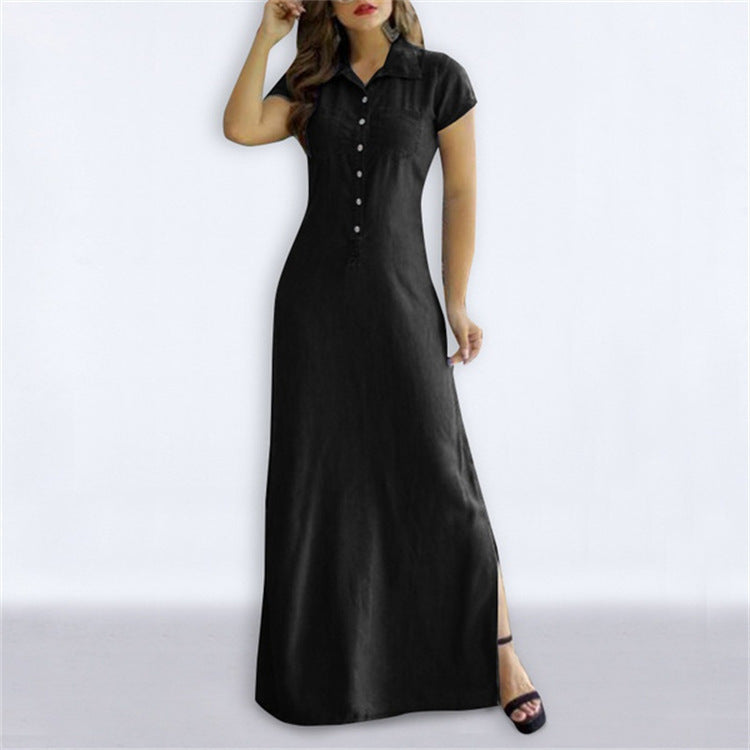 Denim Button-Up Short Sleeve Maxi Jean Dress to 5X Plus Size