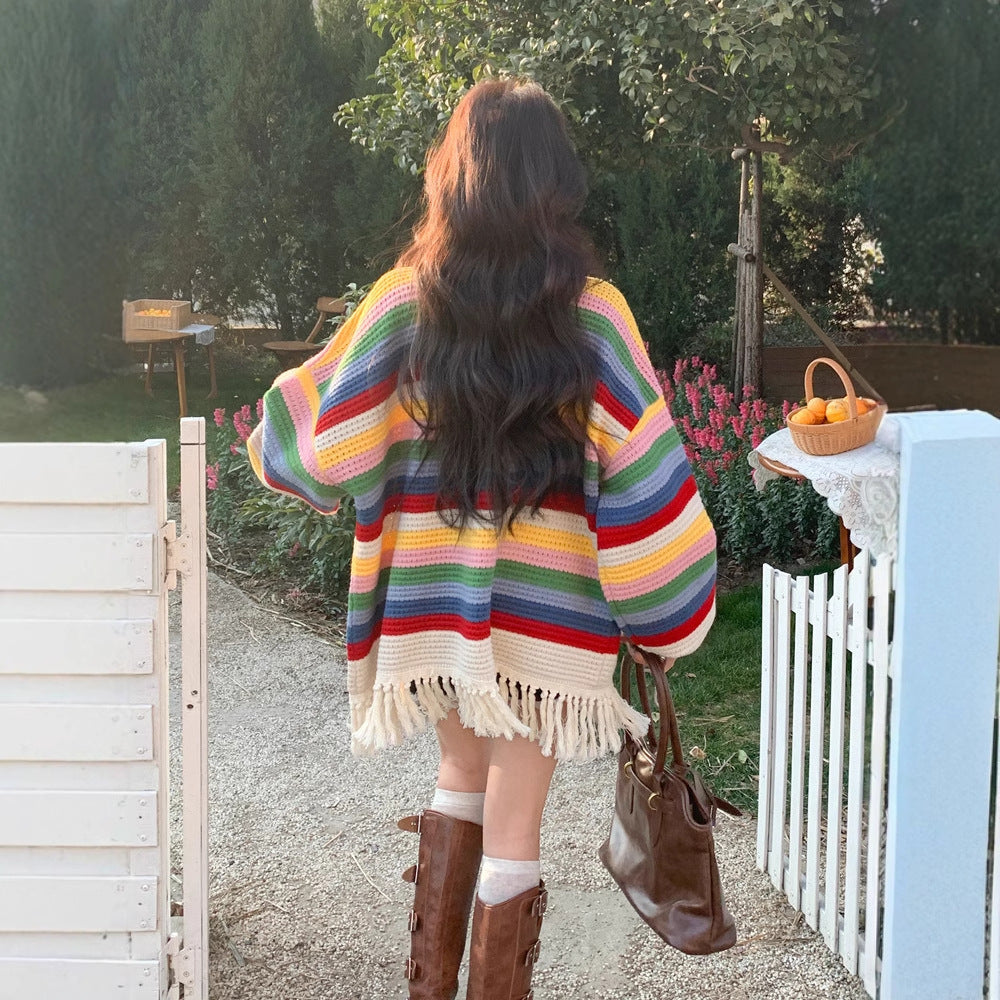 Oversized Striped Multi-Colored Tassel Fringe Design Women's Cardigan Sweater